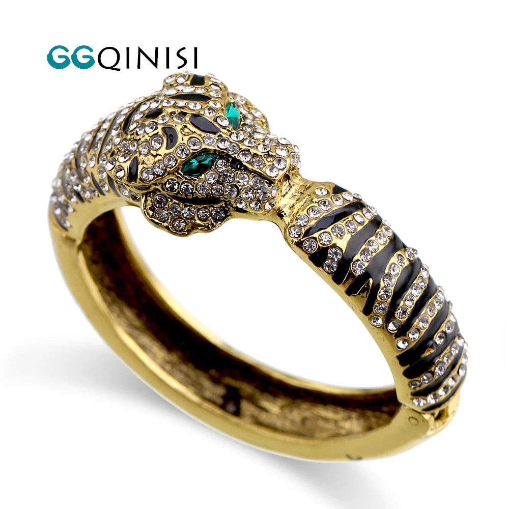 GGQINISI s Luxury Statement Vintage Bangle Cuff Bracelet for Women Antique Gold Color Inlaid Crystals Tiger Bracelets