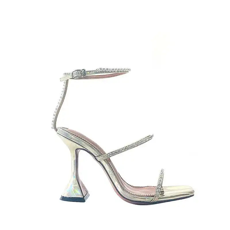 

Buy women Amina Muaddi Gilda Ankle Strap Open Toe Pedestal Satin Strappy Crystal Heeled Glass PVC Sandal Strapped Slippers