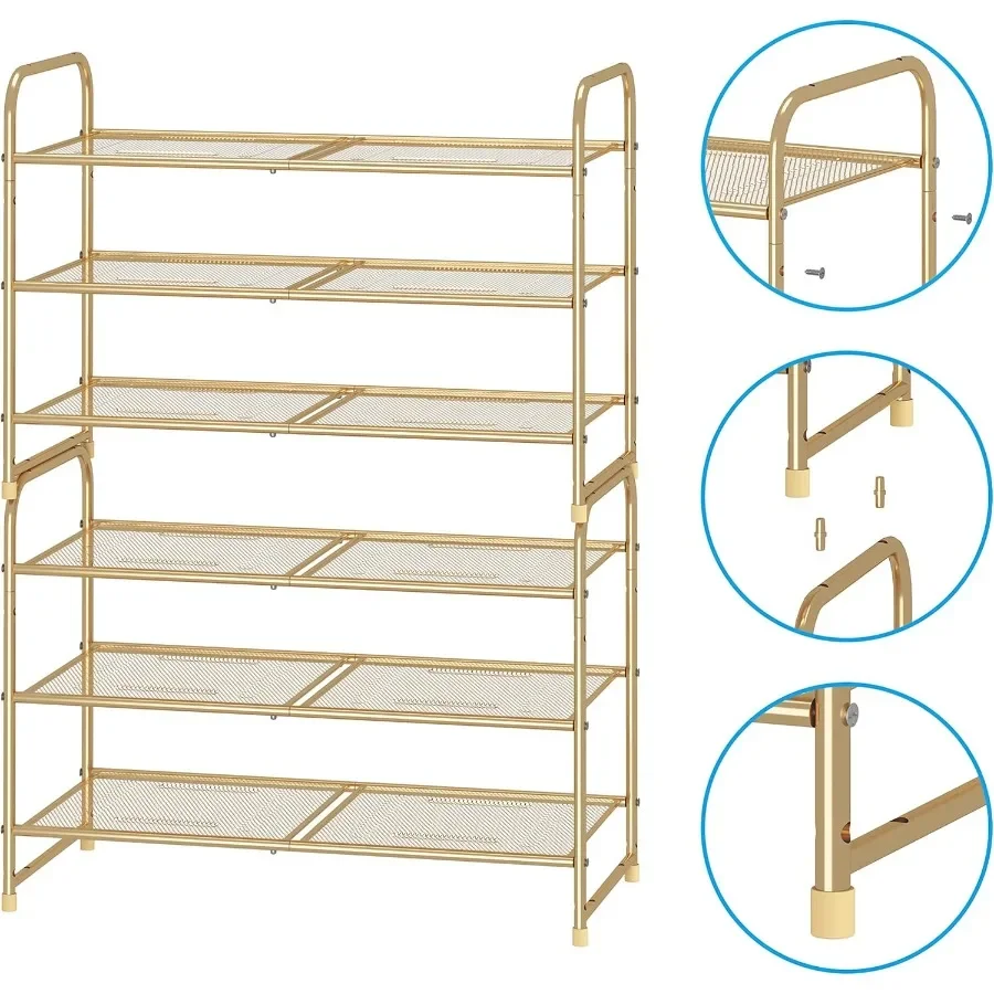 3Tier Stackable Shoe Rack Expandable Adjustable Shoe Shelf Storage Organizer Metal Mesh Gold