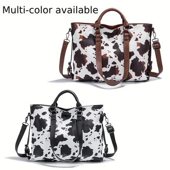 Cow Print Tote Bag for Women Western Purse Boho Top Handle Stachel Handbag with Guitar Strap Gift Brown