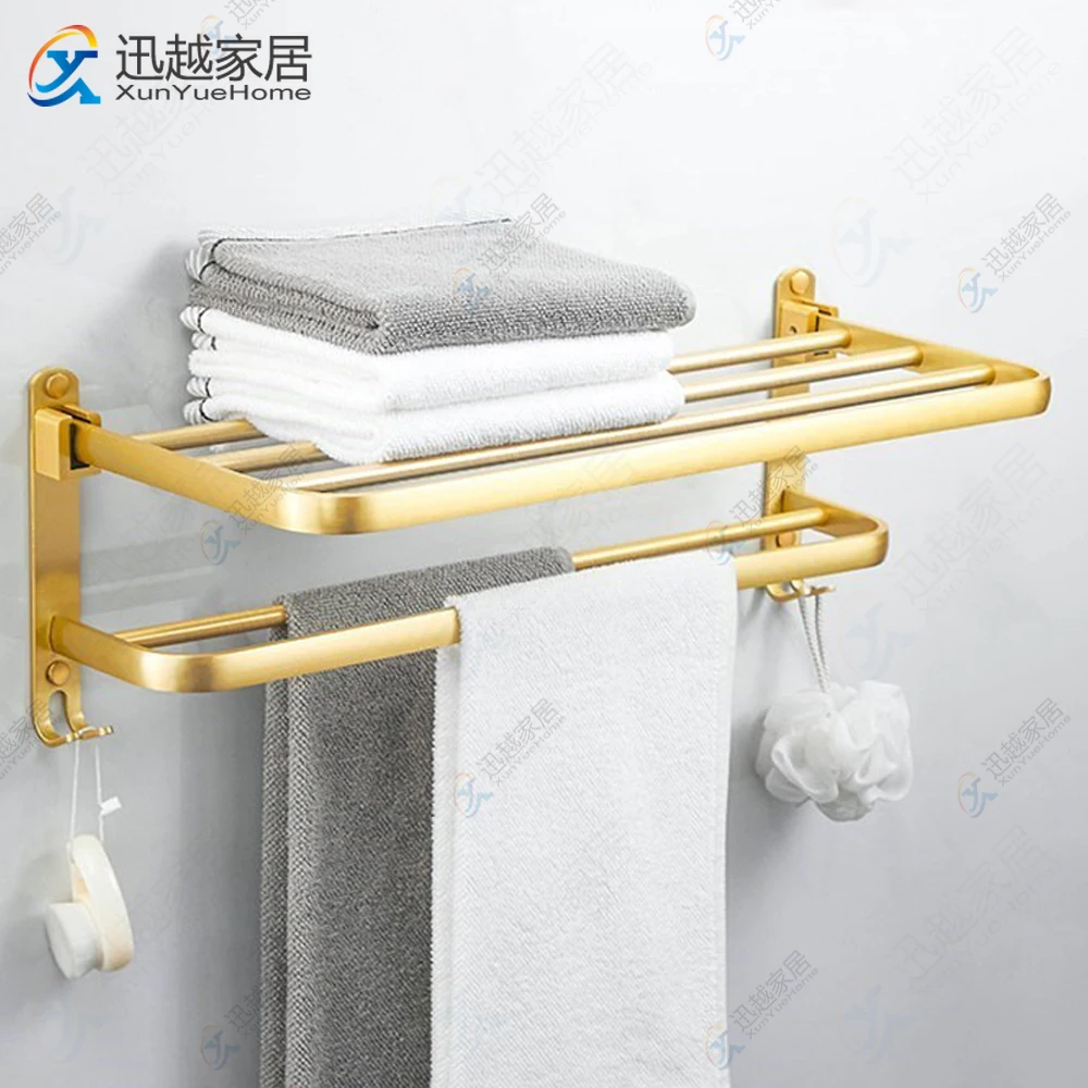 Gold Towel Rack Holder With Hooks Space Aluminum Shower Folding Wall  Organizer Hanger Storage Shelf Bathroom Hardware Accessory - AliExpress