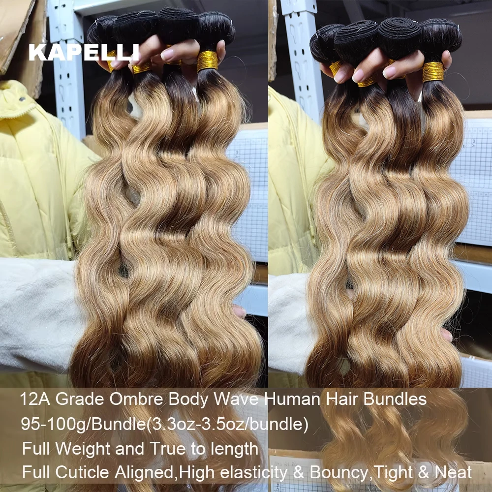 12A Honey Blonde Body Wave Human Hair Bundles Ombre Colored 1 3 4 Brazilian Human Hair Weaving Extensions 100% Remy Bundles Deal 4