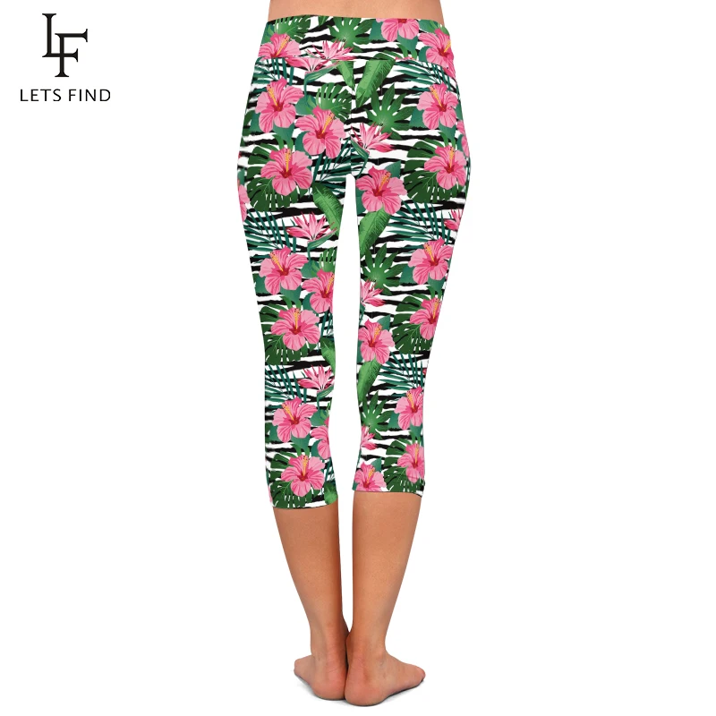 LETSFIND 2020 Summer High Quaility Slim Women Capri Leggings Fashion 3D Flowers Print High Waist Fitness Soft Leggings