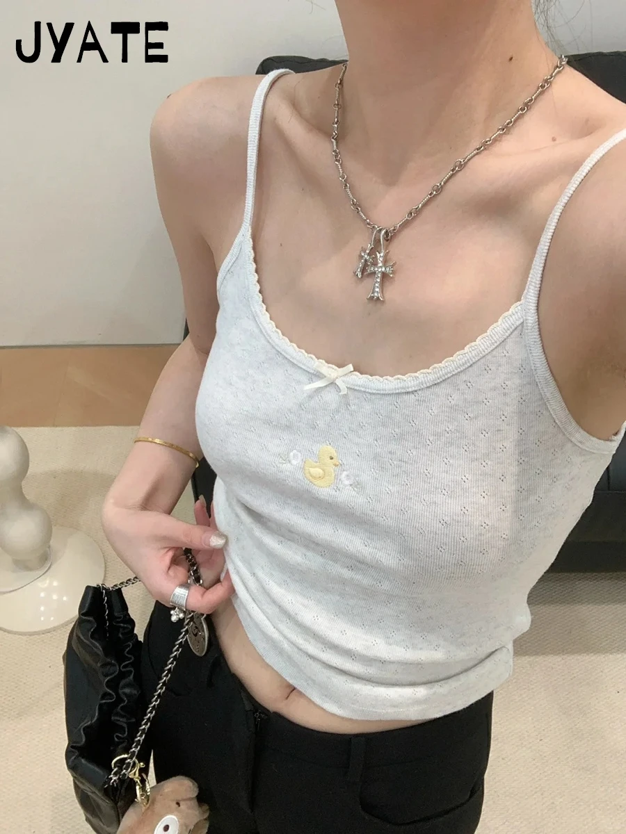 여성용 작은 오리 자수 할로우 아웃 탱크 탑, 코튼 패션, 페어리콘 스타일 크롭탑, 귀엽고 시크한 카미스 Y2K, 여름 신상