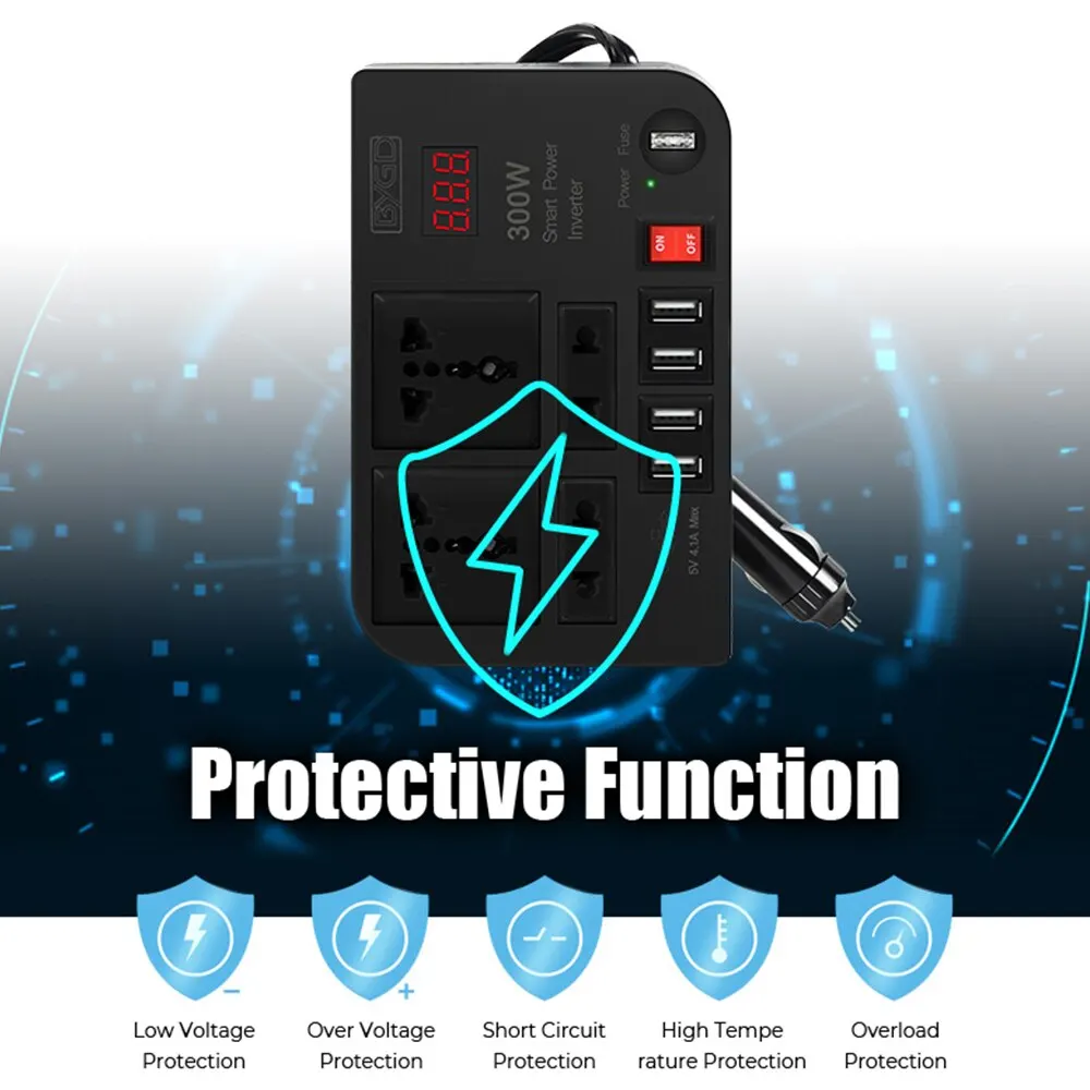 Overload Protection Car Inverter 4 AC Sockets 4 USB Ports ON OFF Switch Fuse 300W DC 12V to AC 220V Converter Power Adapter vehicle inverter car converter inverter car inverter car power converter power inverter