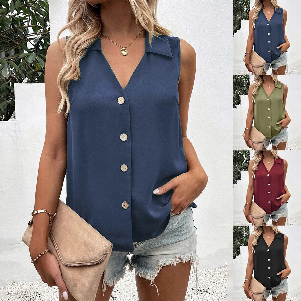 

Women Button Turn-down Collar Classic Solid Chiffon T-shirts Vests Ladies Button Elegant V-Neck Sleeveless Camisole Tank Tops