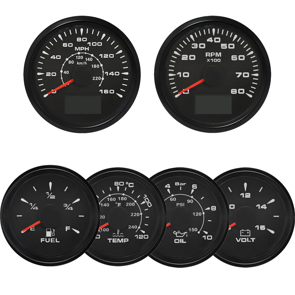 HD 6 Gauge Set 85MM 0-160MPH/200kmh GPS Speedometer Tachometer + 52MM Water Temp Oil Pressure Fuel Level Meter Voltmeter for Car