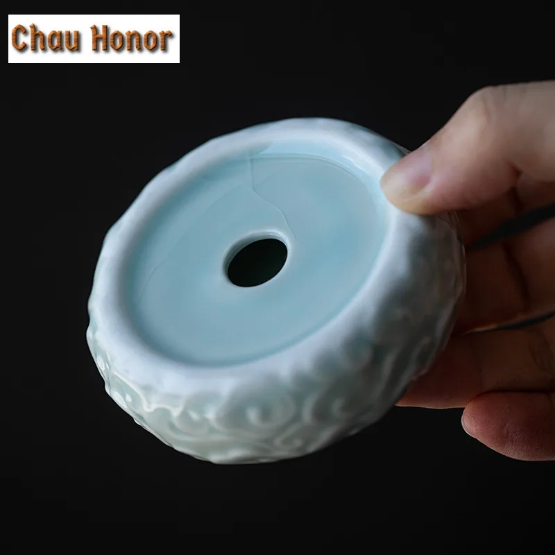 Hutian Kiln Shadow Green Glaze Manual Relief Cover Carving Coaster Cup Holder Tea Holder Tea Ceremony Accessories Cover Holder