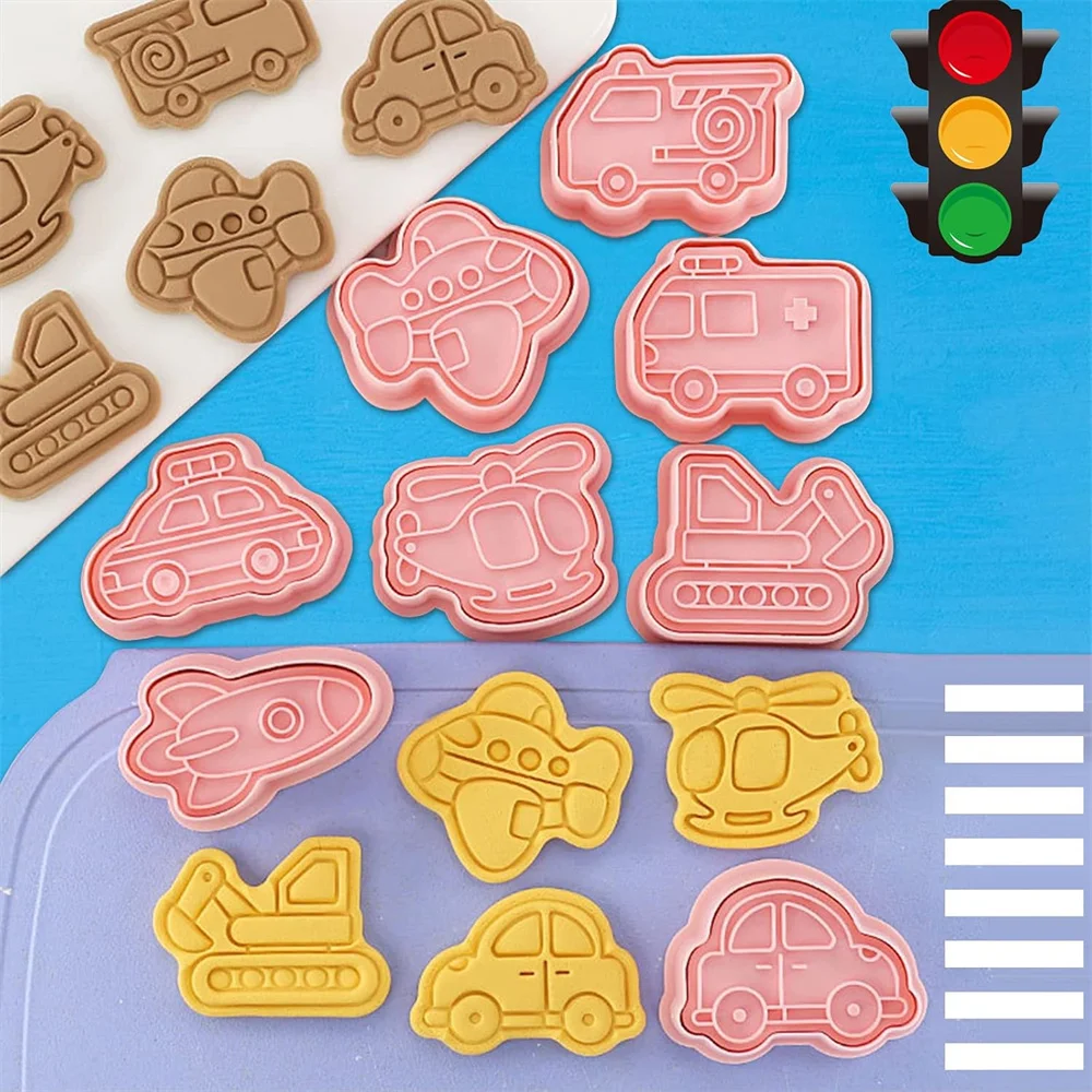 3D Cookie Cutter Stamps Airplane Car Vehicle Cartoon Pressable Stamp Cookie Molds Candy Baking Pastry Tools Baking Molds 8Pcs