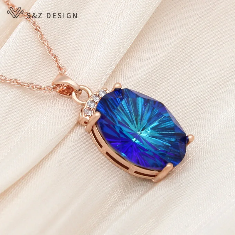 S&Z DESIGN New Fashion 585 Rose Gold Color Luxury Large Oval Crystal Pendant Necklace For Women Wedding Cubic Zirconia Jewelry
