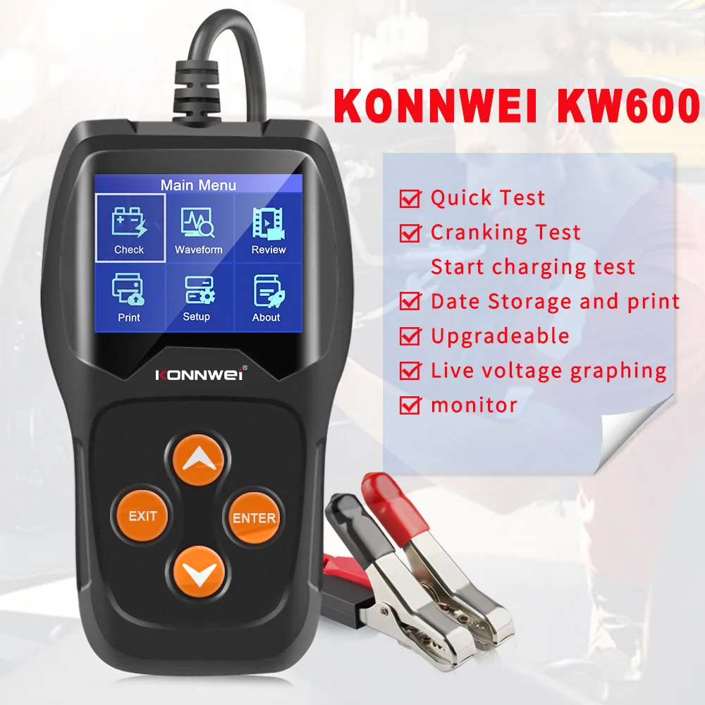 KONNWEI KW600 자동차 베터리 테스터, 12V 100에서 2000CCA, 배터리 툴, 자동차 고속 크랭크 충전 진단