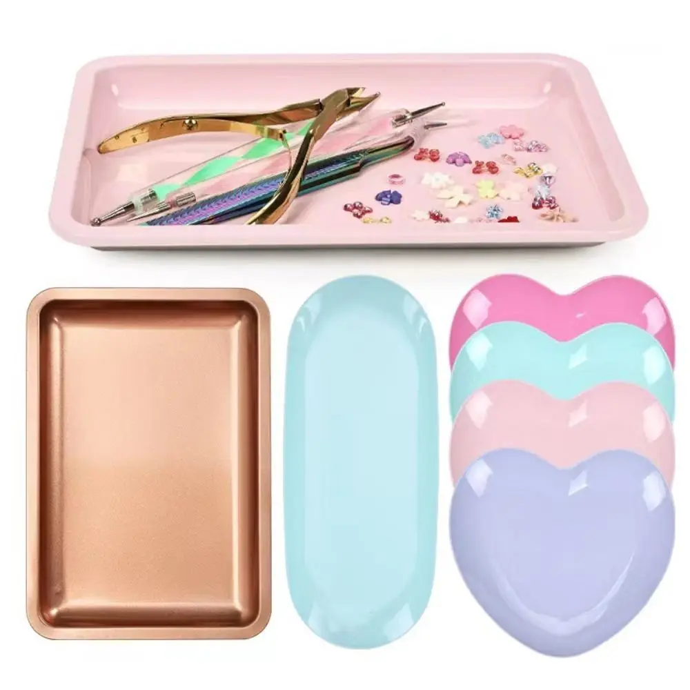 Storage Tray Stainless Steel Nail Tool Storage Tray Solid Color Ellipse Square Shape Nail Art Tools Storage Plate Love Heart Shape