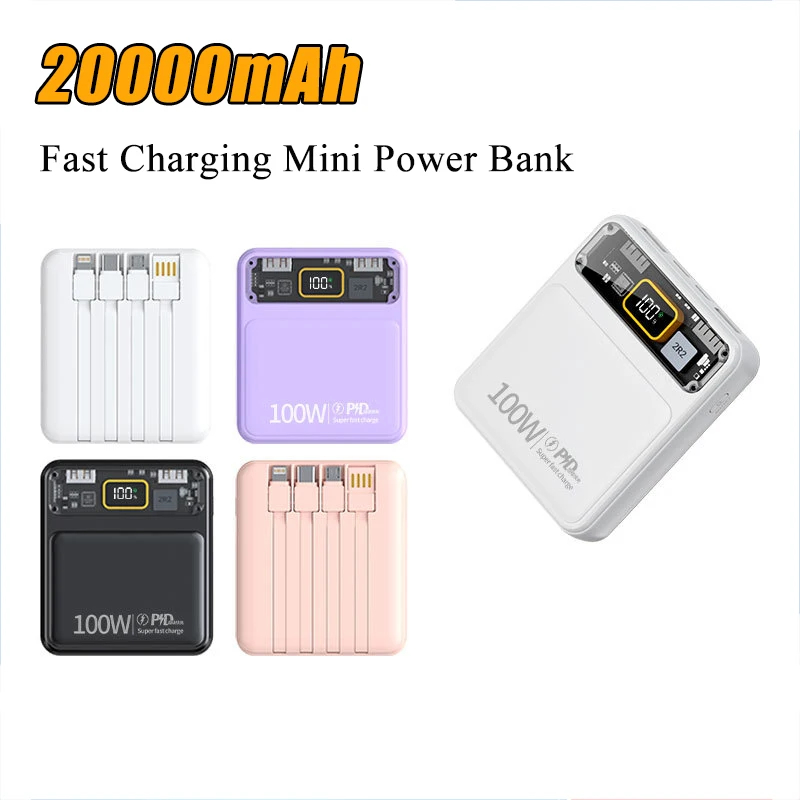 

20000mAh Power Bank Fast Charging Built in Cables Portable Charger Powerbank External Battery Pack For iPhone Xiaomi 9 Poverbank