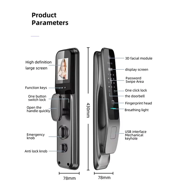 Tuya Wifi Visual Face Fingerprint Smart Door Lock Keyless Entry Electronic Digital Safe Lock With Camera Keypad Intelligent Lock 4