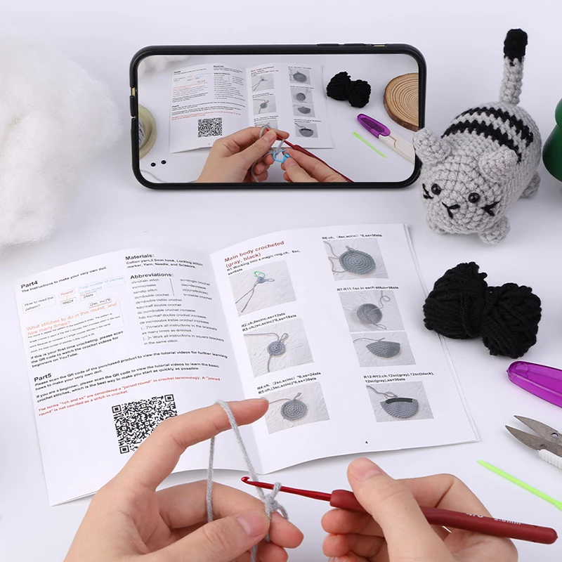Crochet Cat Kit for Beginners With Video Tutorial Cotton Knitting Yarn Thread Needles Hooks Knit Tool Set DIY Craft