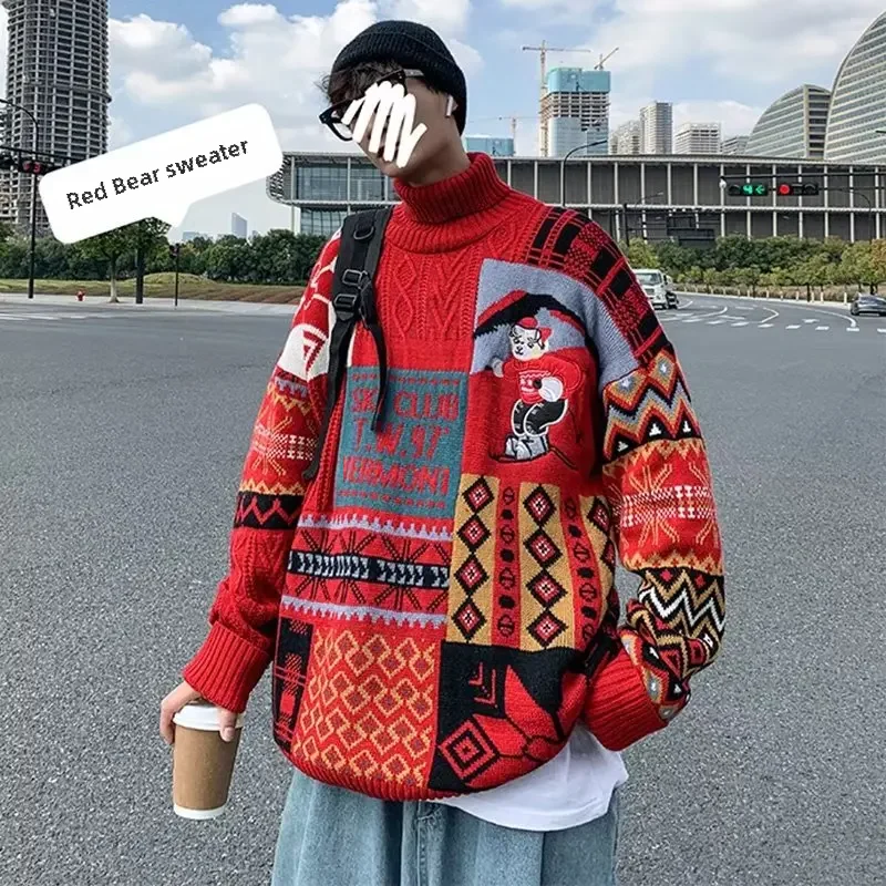남녀공용 아메리칸 스타일 폴로 터틀넥 크리스마스 스웨터, 프레피 루즈핏, 트렌디 패션, 가을 겨울 니트웨어