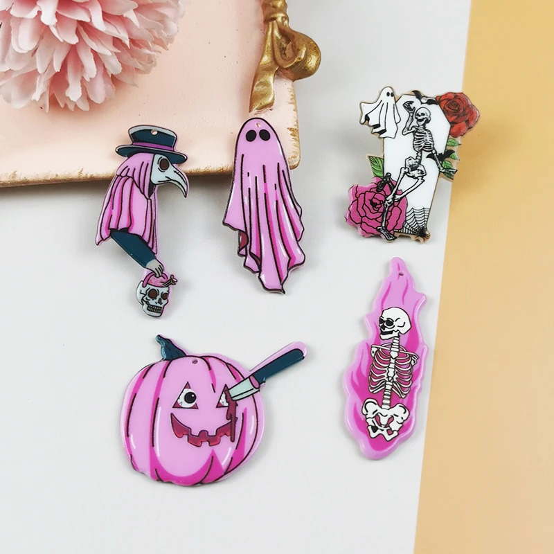 

10Pcs Fire Skeleton Pumpkin Crow Skull Acrylic Charms Pink Halloween Earring Pendant For Jewlery Making Accessory Two Sides