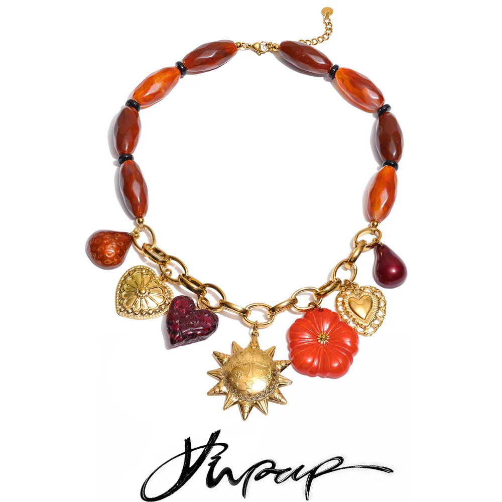 Yhpup Resin Chain Necklace Trending Heart Flower Sun Charm for Women