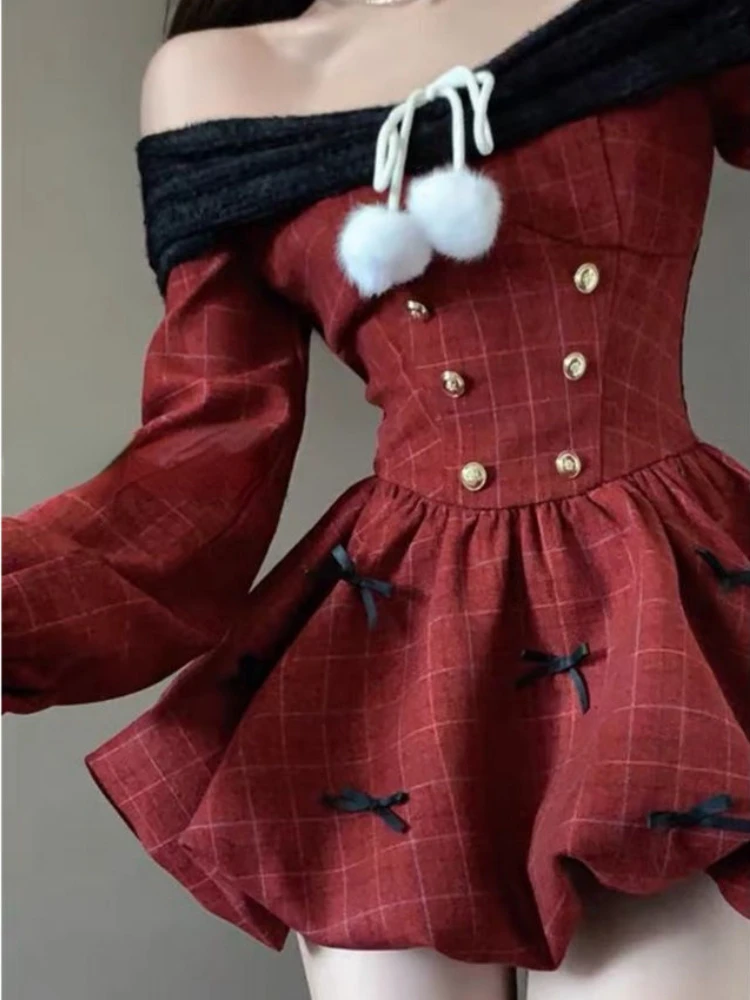 

New Year Sweet Christmas Dress Women Off Shoulder Sexy Bow Kawaii Dresses Famale Korean Fashion Plaid Casual Clothes 2024 Winter