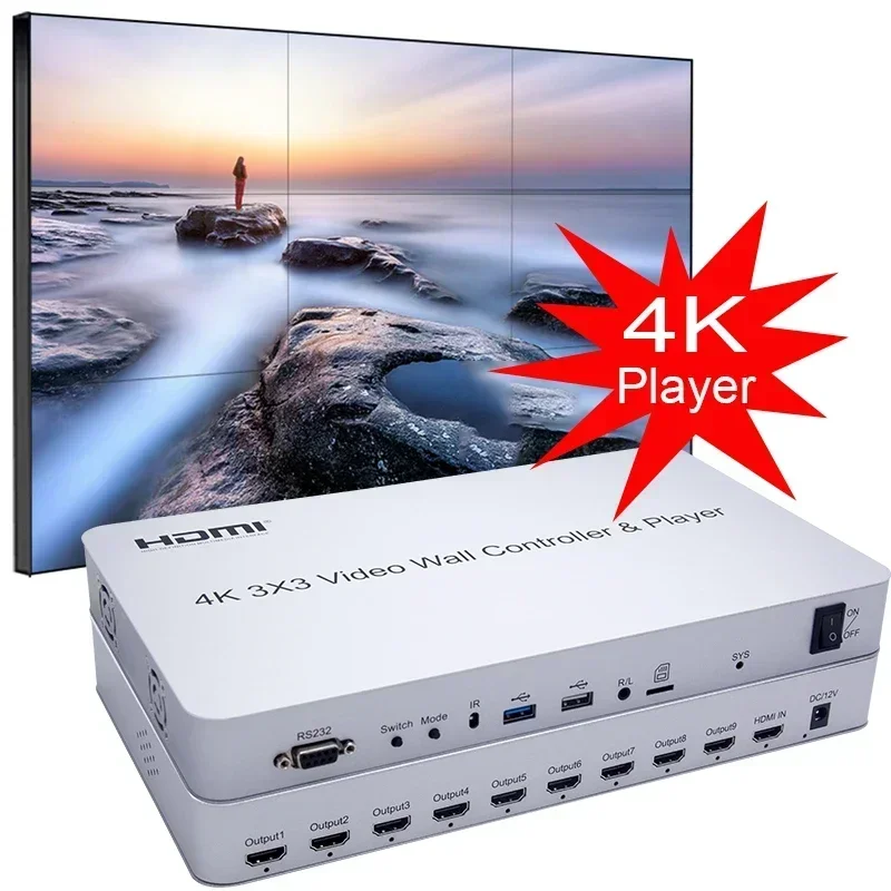 4K 3x3 비디오 월 컨트롤러 U 디스크 플레이어 멀티 스크린 스플라이싱 프로세서 4k 2x2 2x3 2x4 1x3 1x4 TV 월 스플라이서 비디오 스플라이서