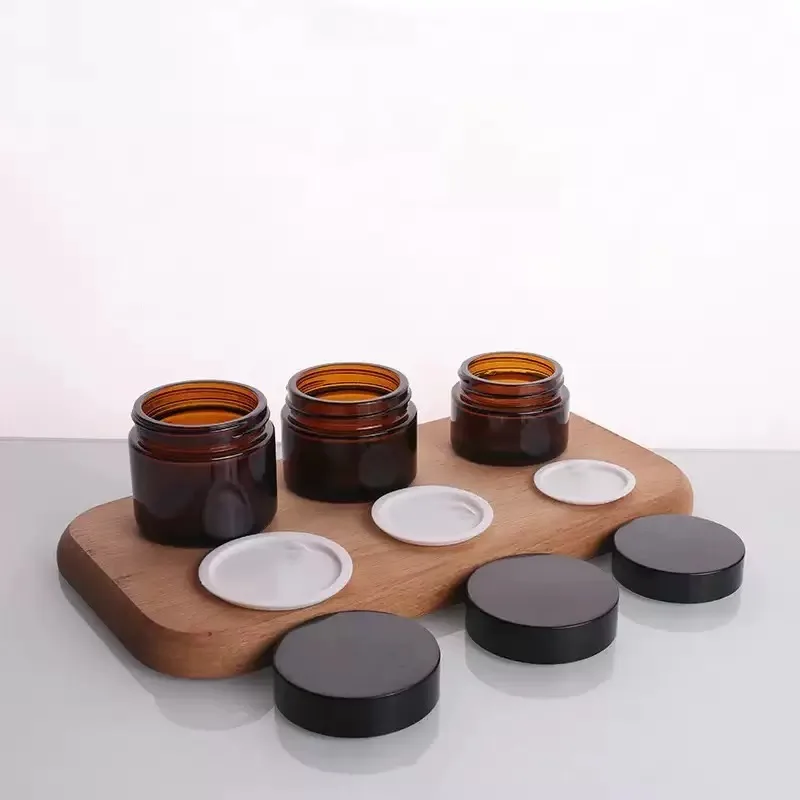 1X 5-100g Empty Amber Glass Jars Bosx Cosmetic Cream Bottles Facial Cream Black Cap Glass Case cosmetic container storage Bottle 4