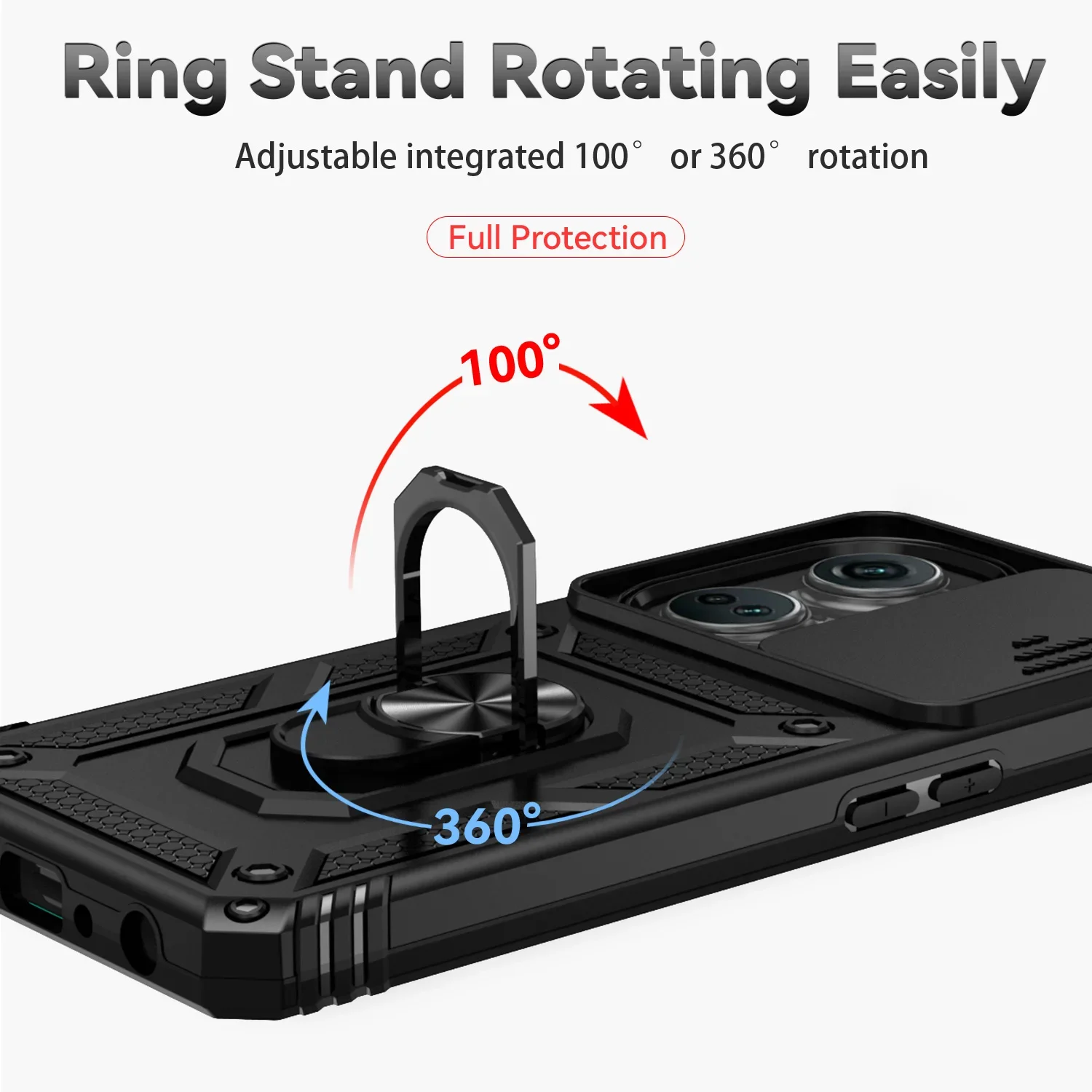 Armor Shockproof Phone Case with Metal Ring Holder and Slide Camera Lens Protector