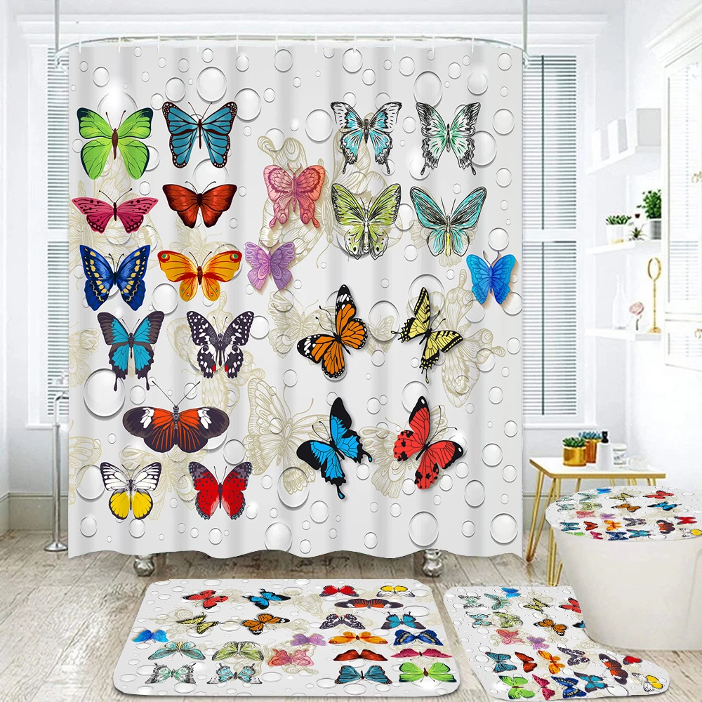 

Beautiful Butterflies Printed Waterproof Bathroom Shower Curtain Set Non-Slip Bath Mat Rug Sets Toilet Cover Bathroom Decor