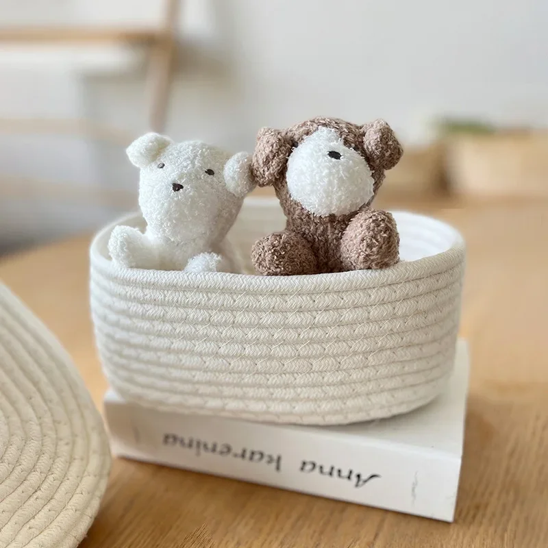 Cotton Knitting Storage Box Solid Color Oval Desktop Finishing Box with Lid Cosmetic Storage Basket Rattan Desk drawer organizer 4