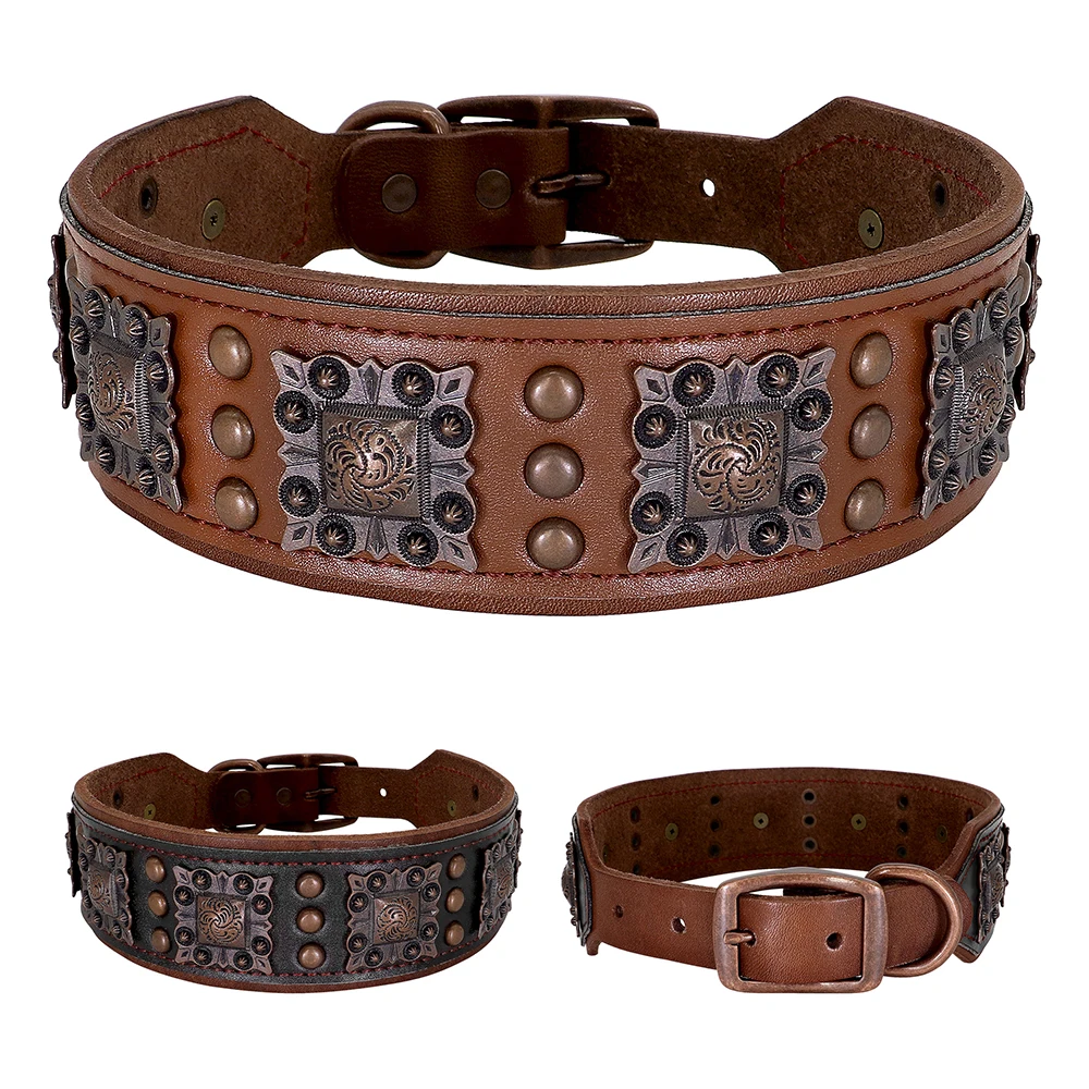 

Luxury Genuine Leather Dog Collar for Big Dogs Wide Real Leather Dog Collars for Medium Large Dogs Pitbull German Shepherd