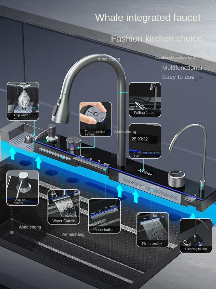 durability 4.0MM Thick Nano 304 Stainless Steel Digital Display Waterfall Sink Set Multifunctional Integrated faucet Whale Sink 2