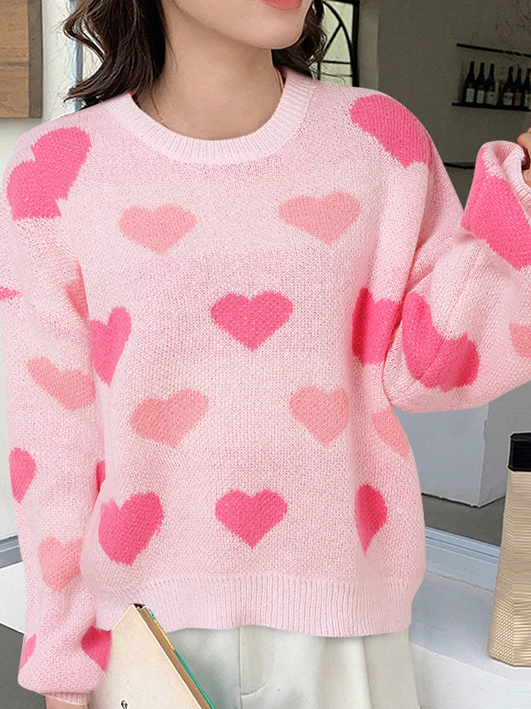 Polyester Long Sleeve Heart Print Sweater for Women