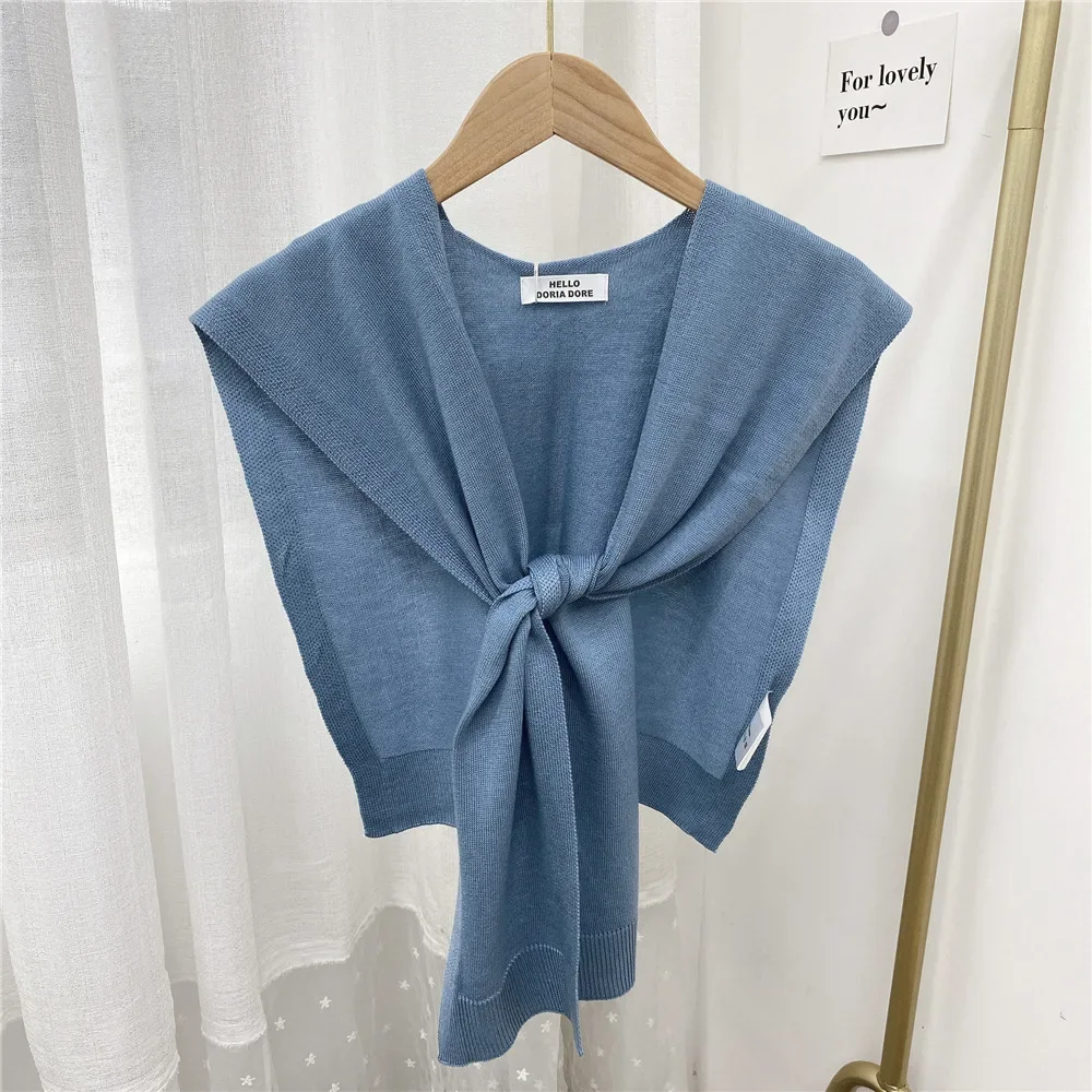 

2024 New Knitted Shawl Women's Summer Outside Air-conditioned Room Cloak Spring Autumn Korean Fashion Shoulder Blue