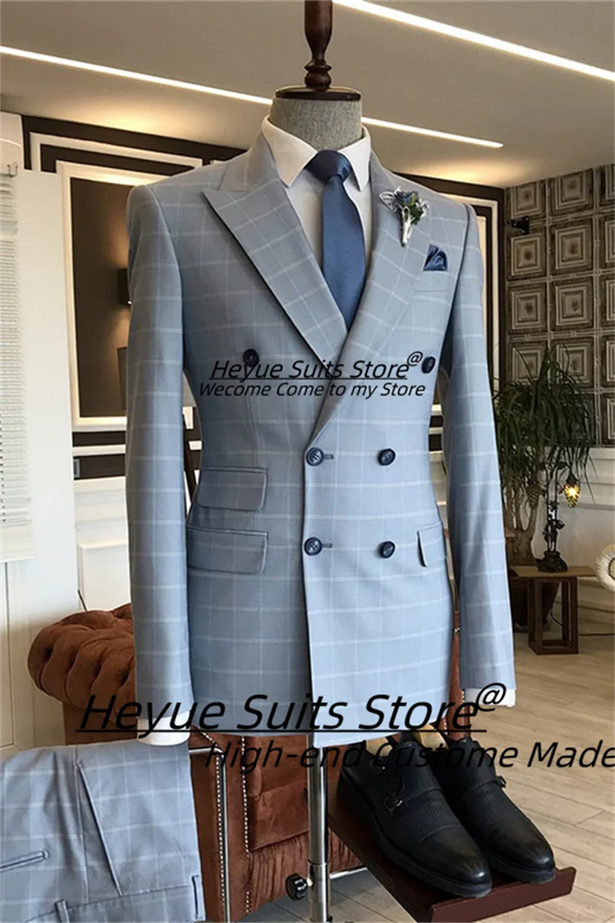 Men Suits 2 Pieces Sets Plaid Slim Fit Peak Lapel Groom Wedding Tuxedos