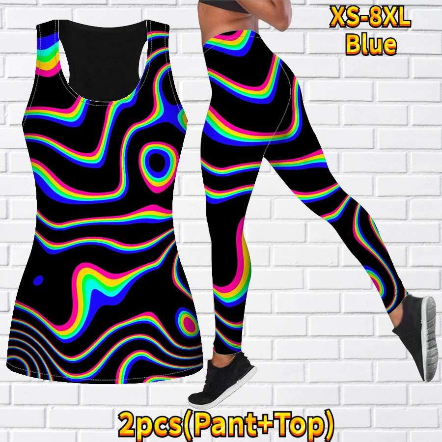 Yoga Fitness Rainbow Wave Print Set Women\'s Sports Tights Sports Underwear Set High Waist Pants Women\'s Sports Wear XS-8XL