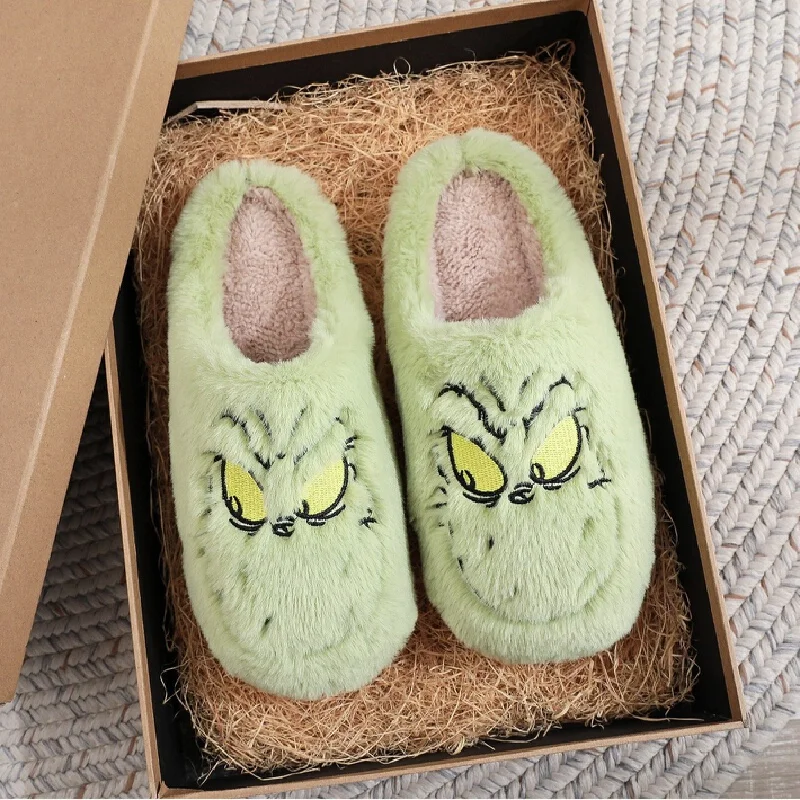 Christmas bestsellers Green furry monster slippers autumn and winter home slippers men's and women's soft-soled furry shoes Gift 5