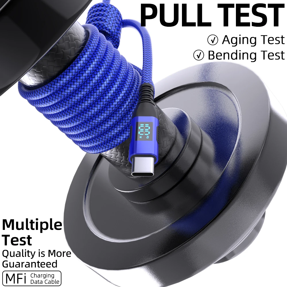 Power Display 100W Type C to Type C Fast Charging Data Cable Nylon Braided High Grade 480Mbps Compatible for iPhone15 16 Samsung