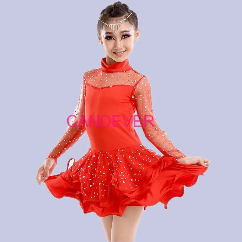 prodessional latin dance dress for girls Line Long Sleeve Lace Ballroom Dancing Salsa Samba Tango Standard Costume Kids Child