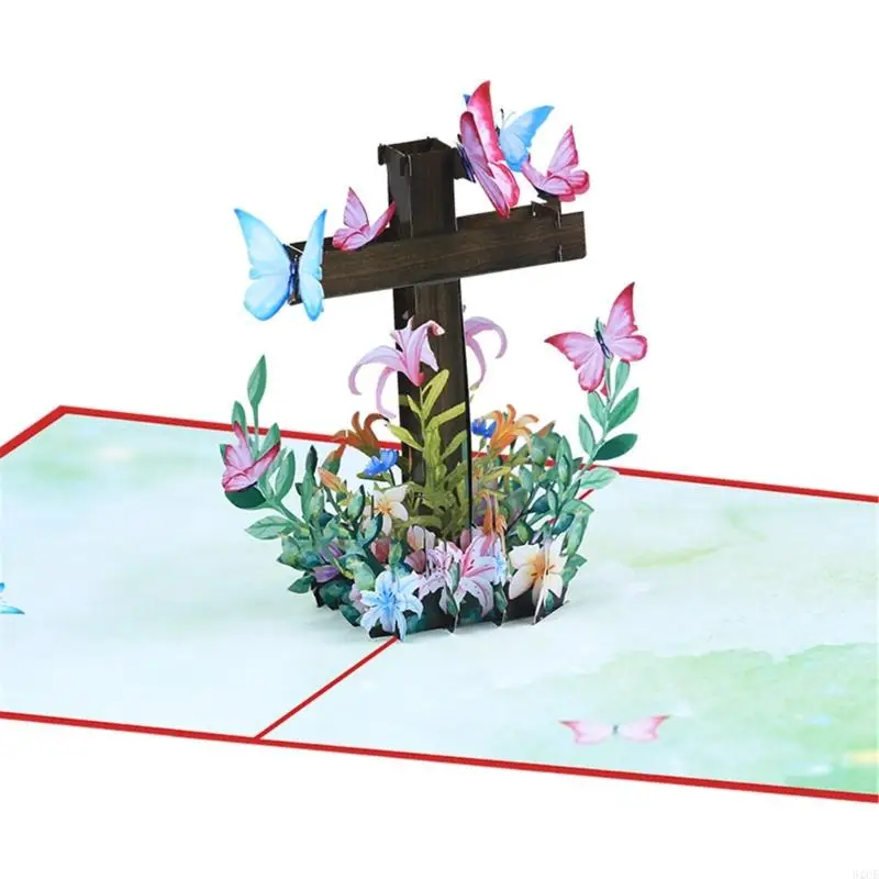62CE 3D Popup Easters Card,Flower Religious Crosses Easters Card Popup Greeting Cards