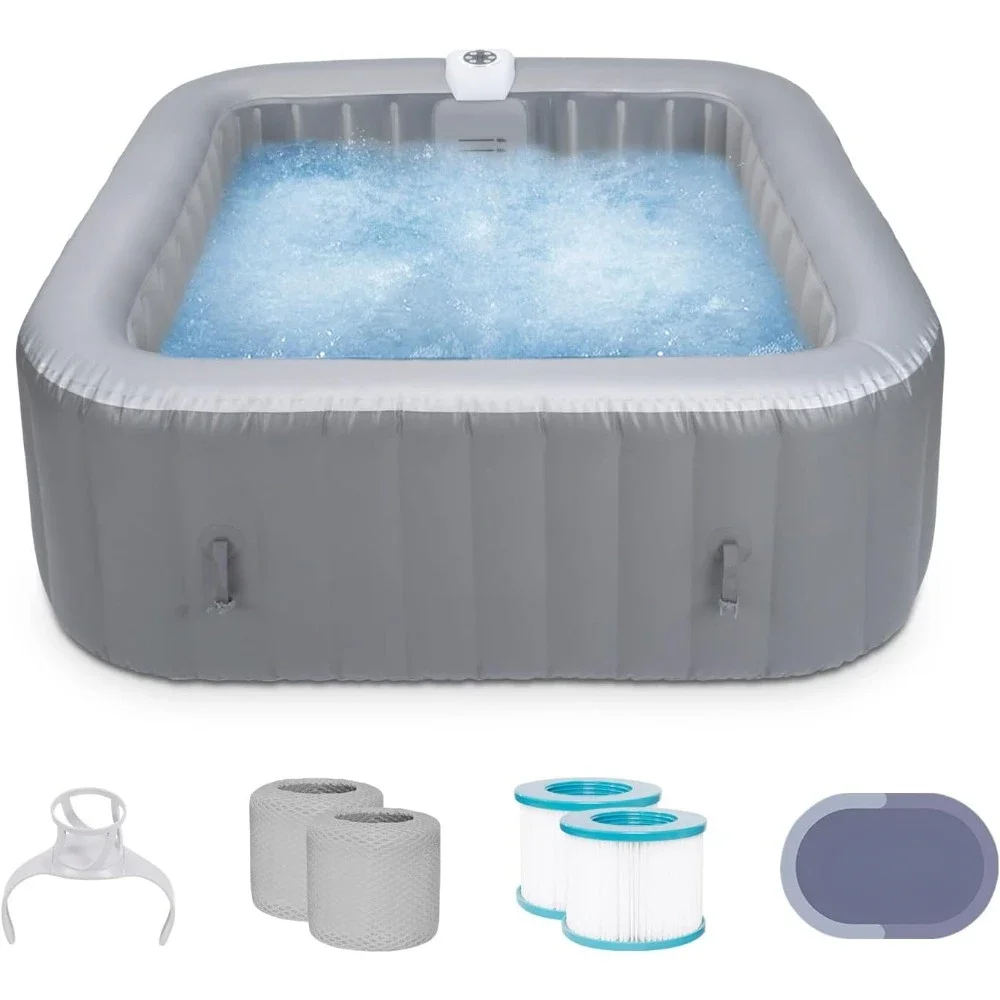 Inflatable Hot Tub 4-6 Person, Blow Up Spa Square Portable Outdoor Hottub, 130 Soothing Bubble Air Jets, Cover