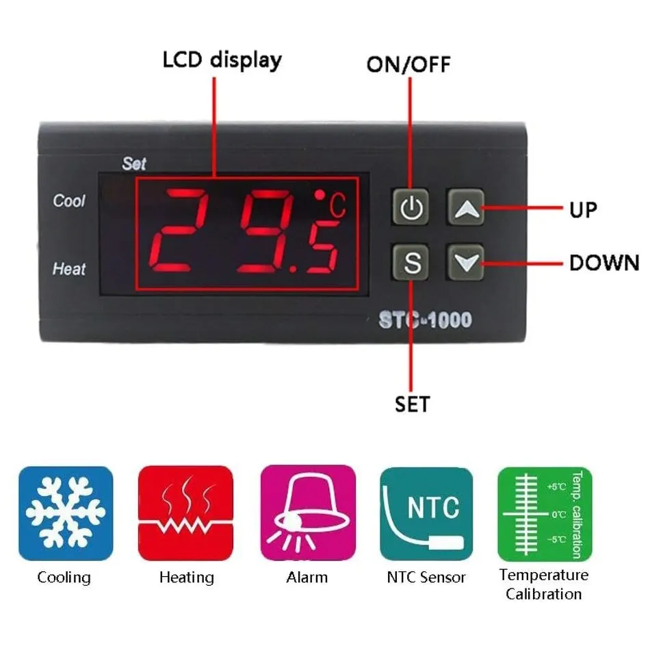 Digital Temperature Controller Digital Thermostat STC-1000 LED 2 Relays Output NTC Sensor Probe 12v 24v Heating Cooling