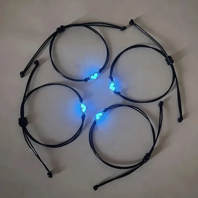 Bracelets lumineux en forme de cœur, cordon ciré tissé à la main, brillant dans le noir, bijoux faits à la main pour amis, cadeau, 1/4 pièces