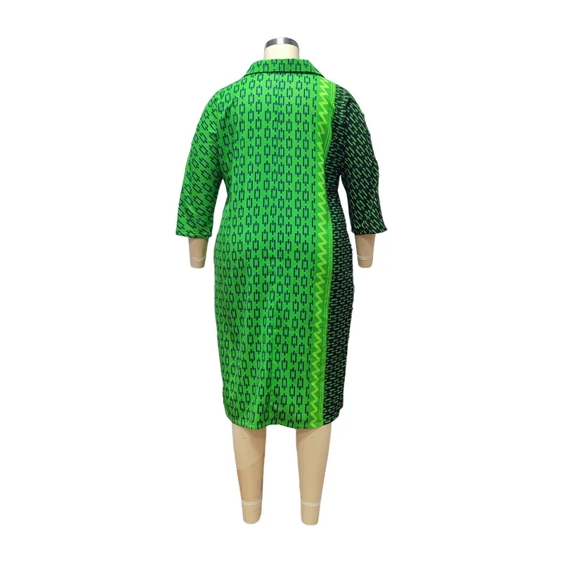 Spring Summer Clothes for Women Geometric Print Fashion Turn-down Collar Half Sleeve Loose Pockets Plus Size Casual Midi Dresses