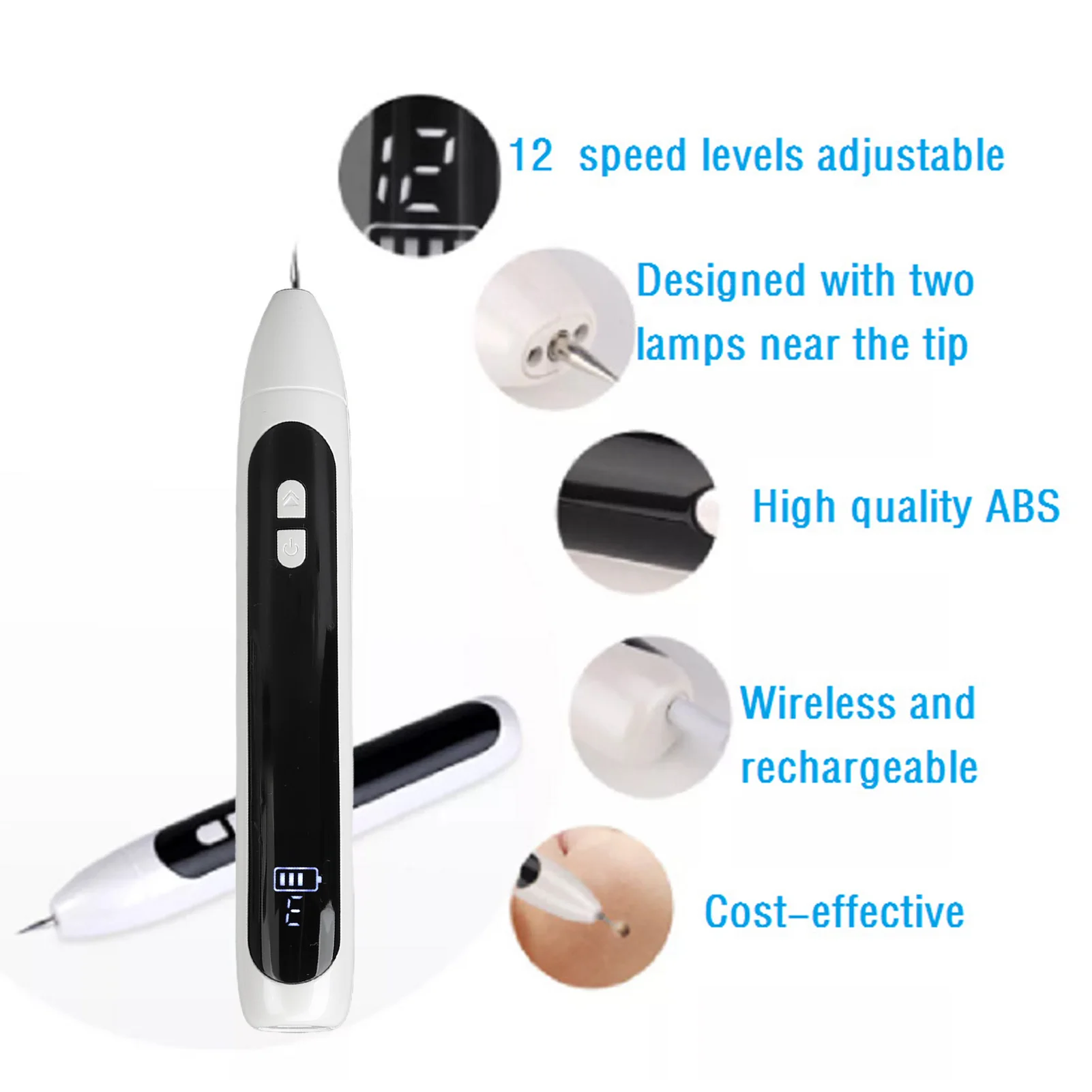 Handheld Freckle Removal Pen Mole Remover Pen 12 Gears LCD Screen Freckle Removal Skin Spots Beauty with Cotton Swab