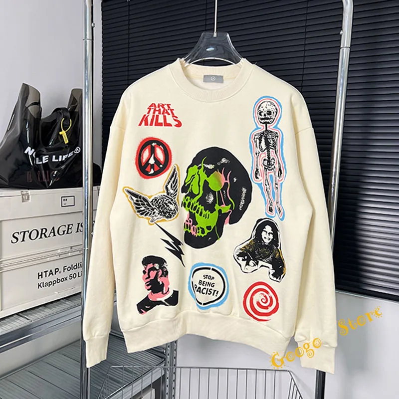 

Autumn Winter Fleece Apricot Pullover Men Women High Street Heavy Fabric Vintage Skull Print Sweatshirts Casual Oversized Hoodie