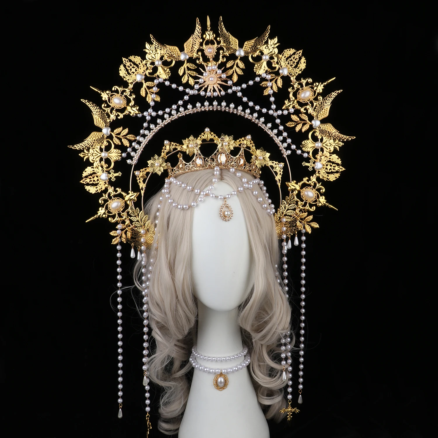 Sun Goddess Angel Halo Crown Headpiece Queen Anna Baroque Pearl Tiara Headband