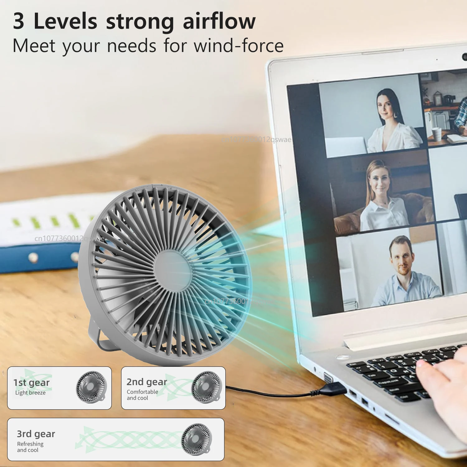 Portable Desk Fan with 3-Speed Settings and Rechargeable Light