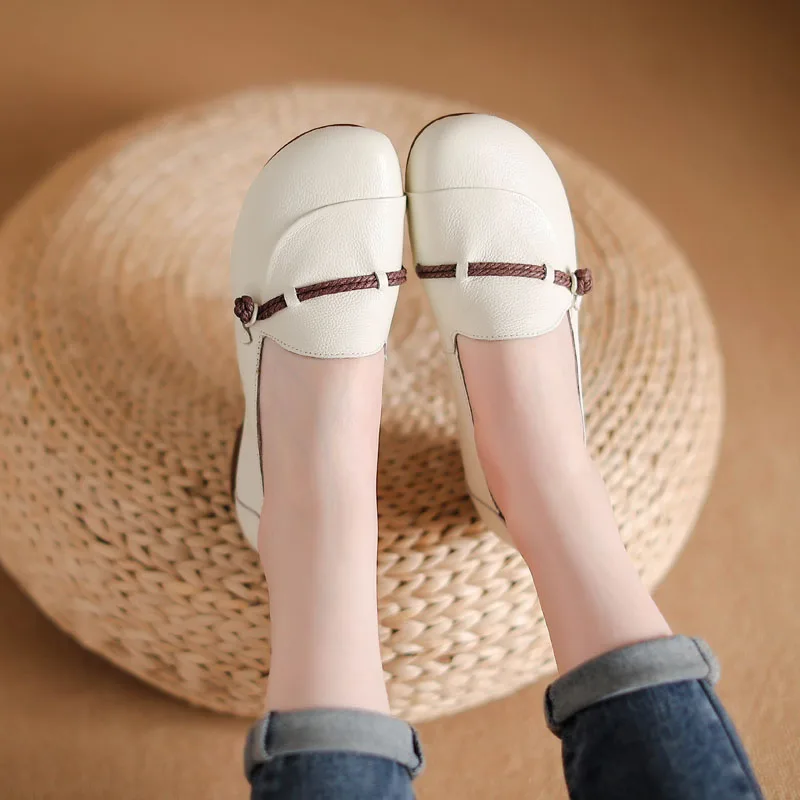 DRKANOL Fashion Shallow Slip-On Loafers Women Flat Shoes Spring Summer Hollow Genuine Leather Soft Bottom Casual Mother Shoes women shoes