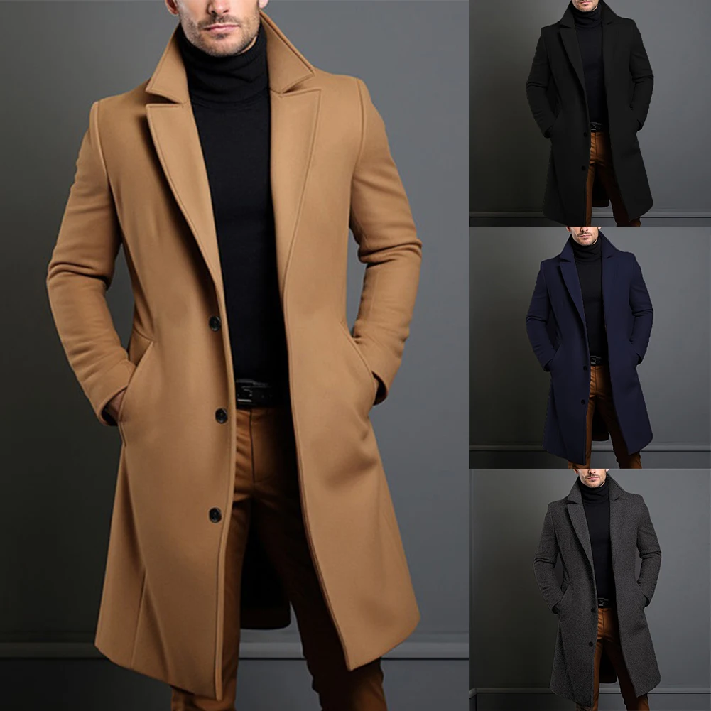 Men Atutumn Winter Long Warm Wool Trench Coat Solid Single Breasted Luxury Wool Blends-Overcoat Thermal Tops Coats Clothing