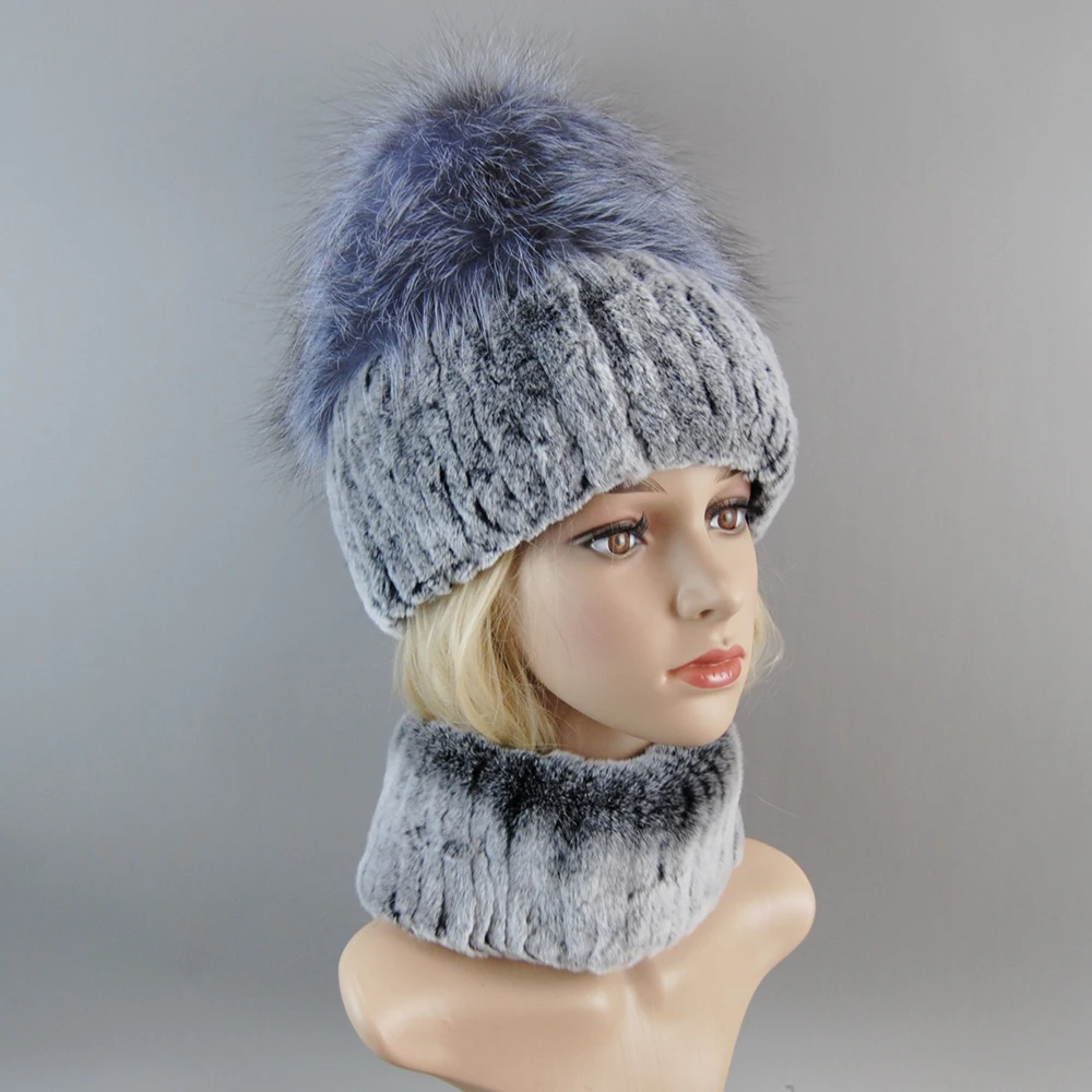 New Winter Lady Brand Hand Make Real Silver Fox Fur Hat Scarf Girls Natural Real Rex Rabbit Fur Ring Cap Scarves Hats