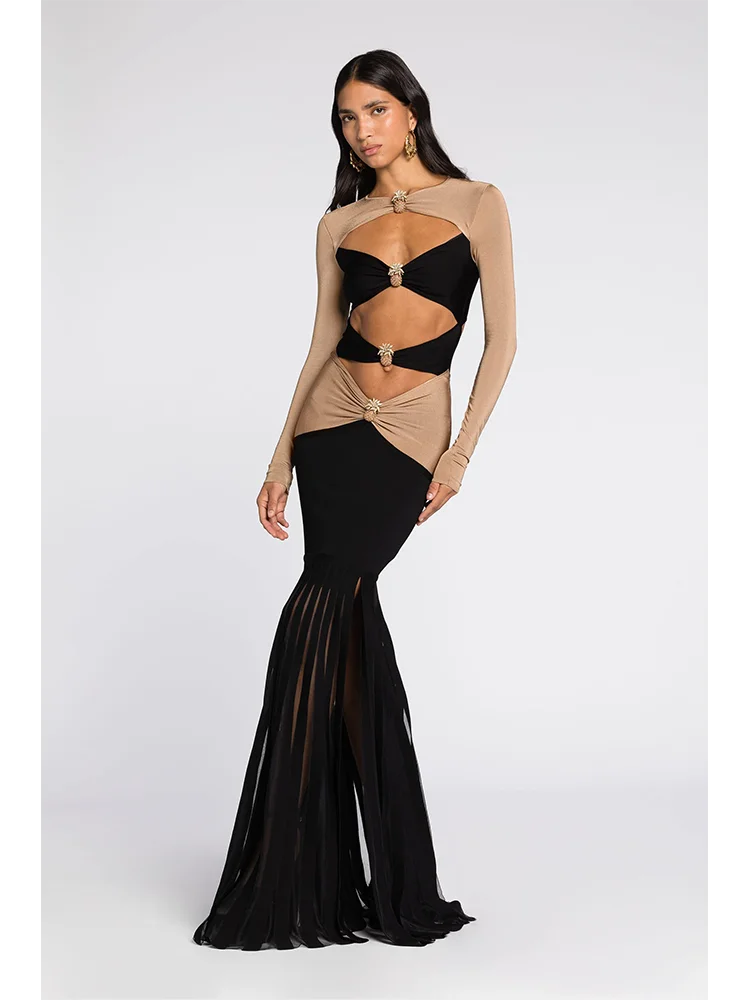 

Autumn Sexy Long Sleeve Hollow out Split Long Dress Women O Neck Patchwork Pineapple Buckle Maxi Dress Elegant Party Evening